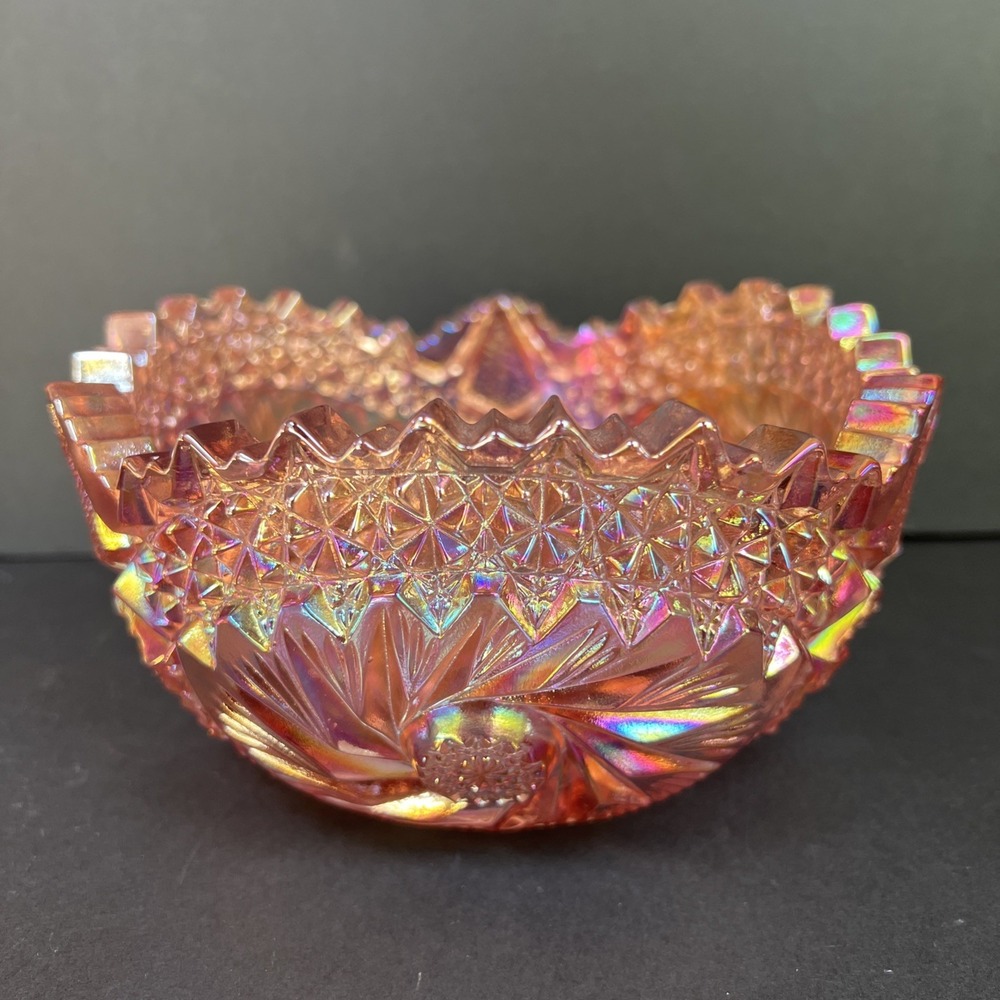 VTG L.E. Smith Carnival Glass Iridescent Pink Comet In The Stars Saw Tooth Bowl